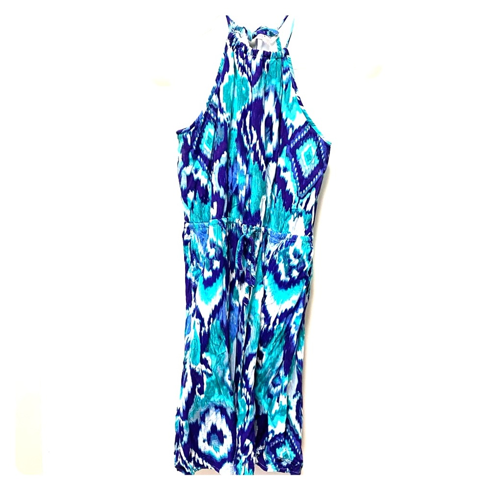 Purple, blue, teal, and white dress